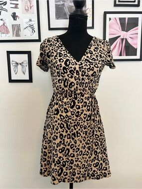 Derek Heart Leopard Print V-Neck Mini Dress - Beige/Black